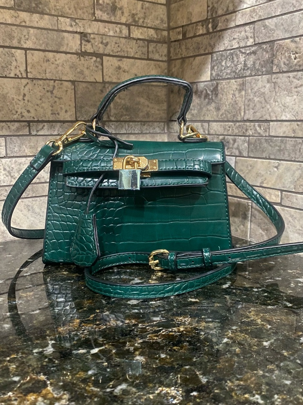 Emerald Croc-Embossed Top Handle Bag with Gold Hardware